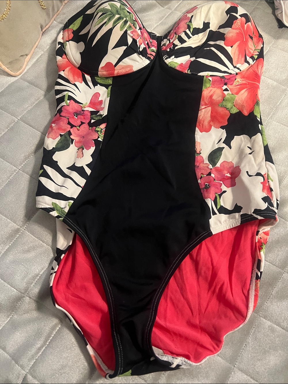 Tommy Bahama Black Floral One-Piece Swimsuit with Coral Lining